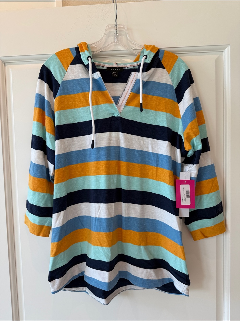 Tribal Striped Hooded Pullover - Aqua, Mustard, Navy & White - NWT Size M